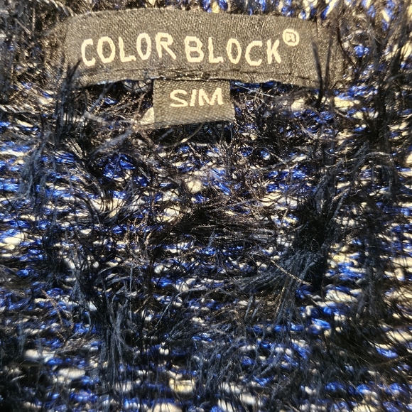 Color Block Blue Black Shimmer Mo Hair V-Neck Sweater SZ Small/Meduim - Picture 7 of 9